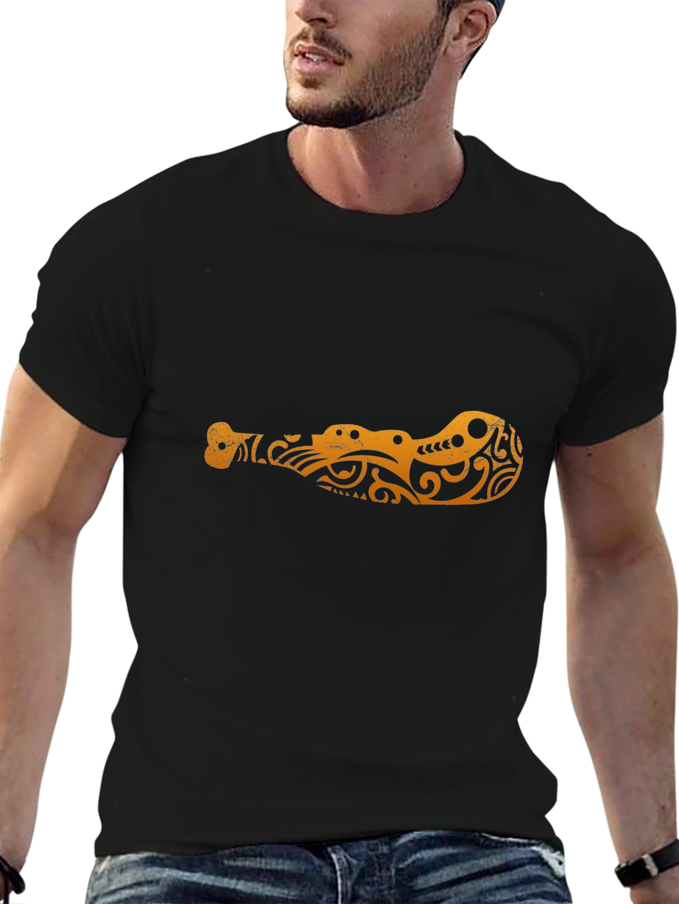 Black Tribal Crocodile Design Black T-Shirt view 6