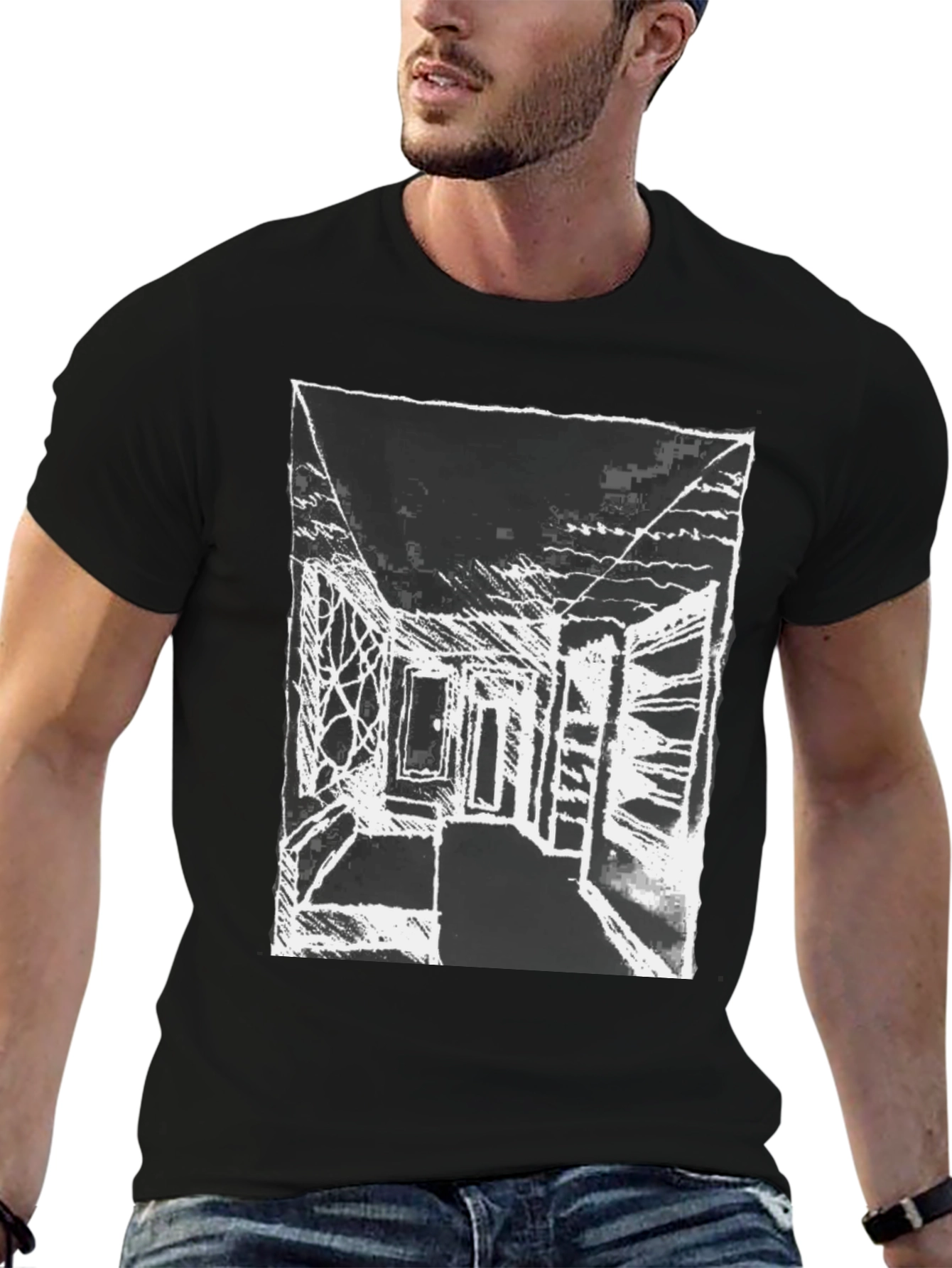 Black Abstract Sketch Graphic Print Black Cotton T-Shirt view 6
