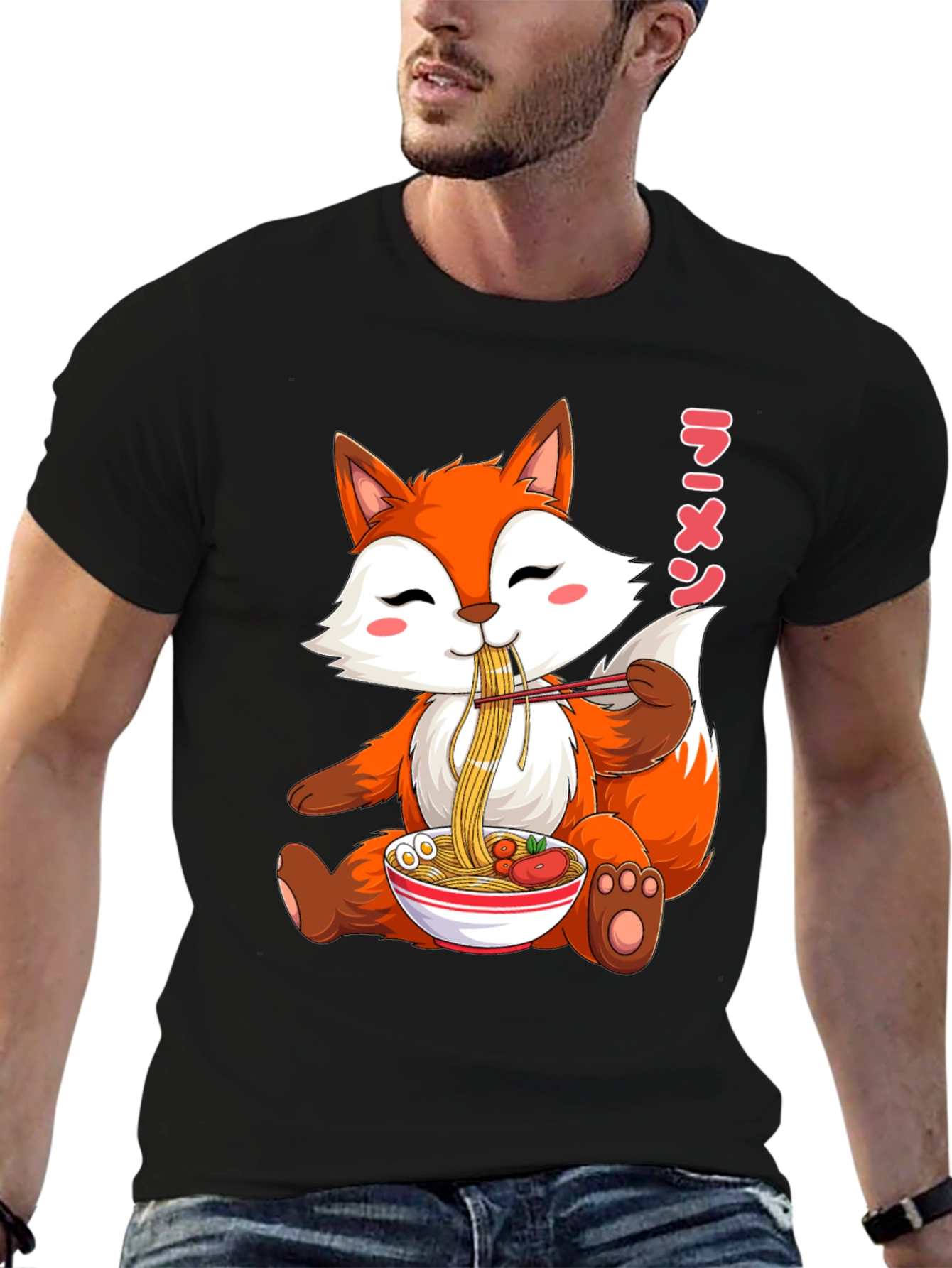 Black Cute Fox Ramen T-Shirt, Kawaii Anime Tee view 6