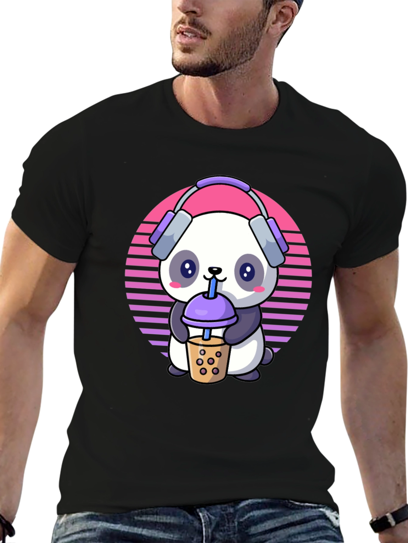 Black Cute Panda Bubble Tea T-Shirt view 6