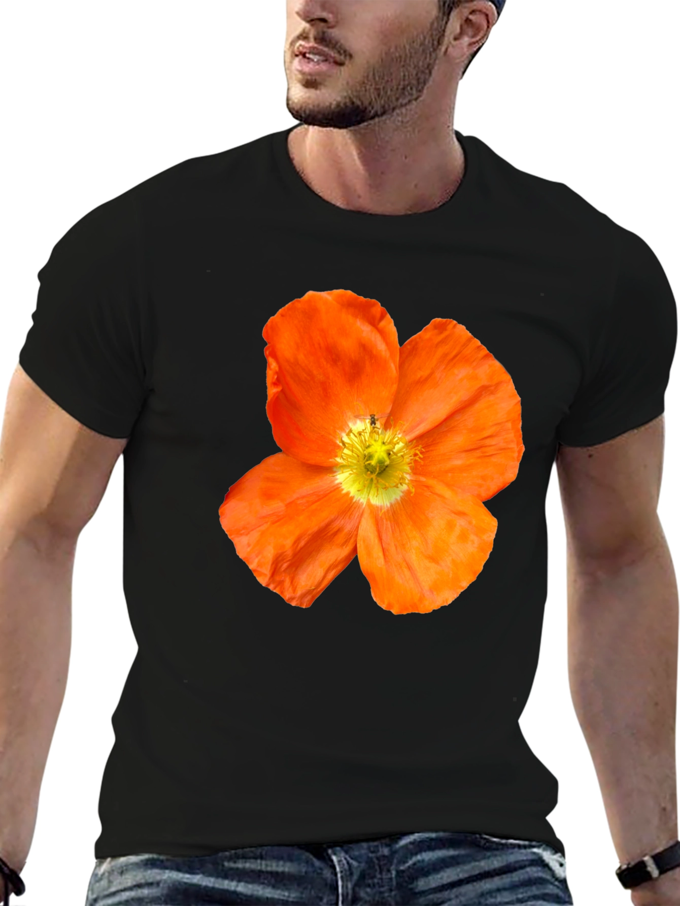 Black Floral Print T-Shirt - Bold Orange Poppy Design view 6