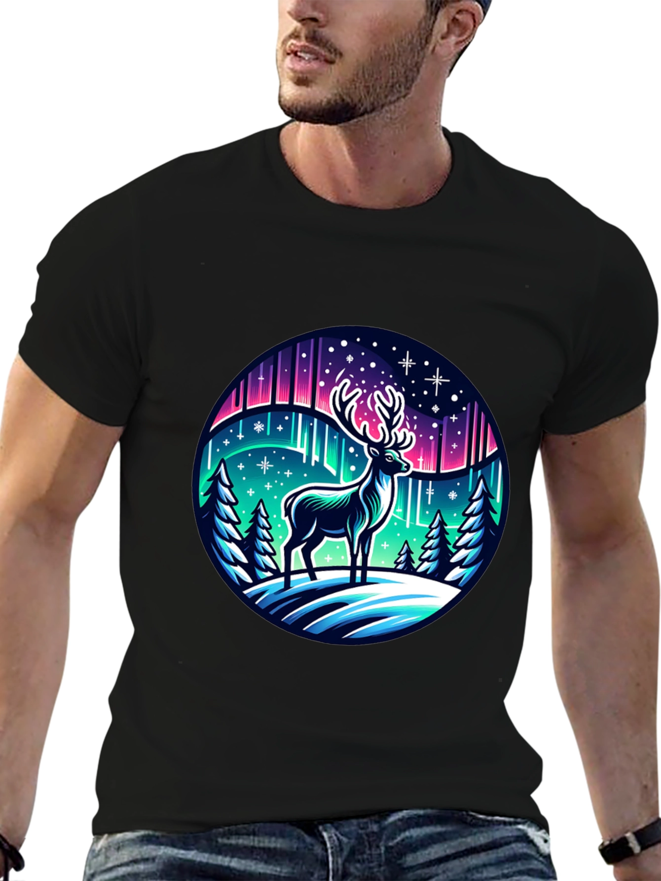 Black Winter Deer Graphic Tee - Northern Lights Design view 6