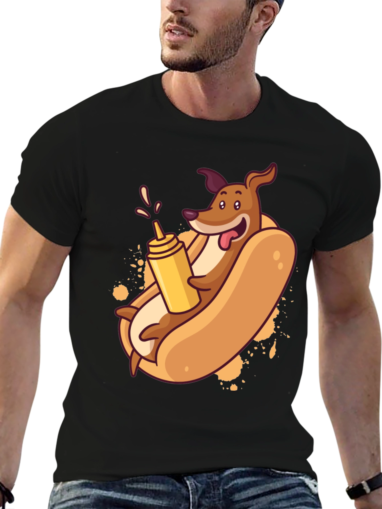 Black Funny Dachshund Hot Dog Cartoon T-Shirt view 6