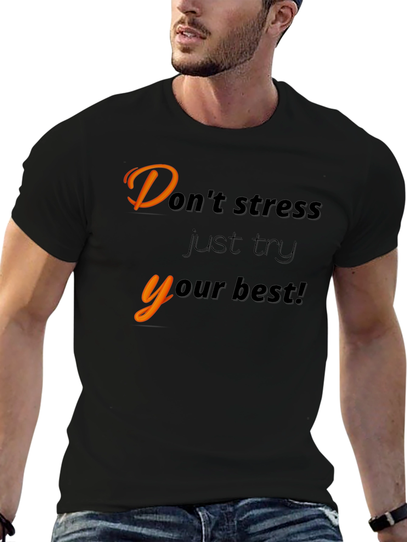 Black Motivational Black T-Shirt - "Don't Stress" view 6