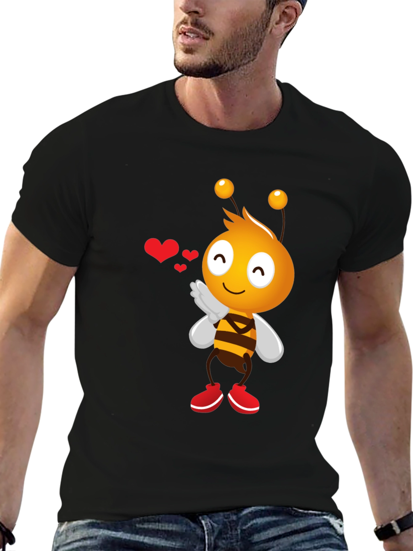 Black Cute Bee Cartoon Graphic T-Shirt view 6