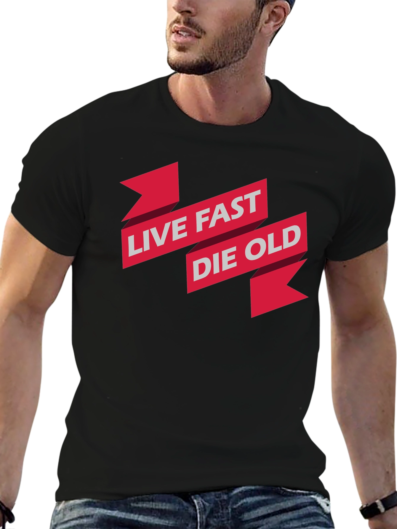 Black Live Fast Die Old Graphic Print Black T-Shirt view 6