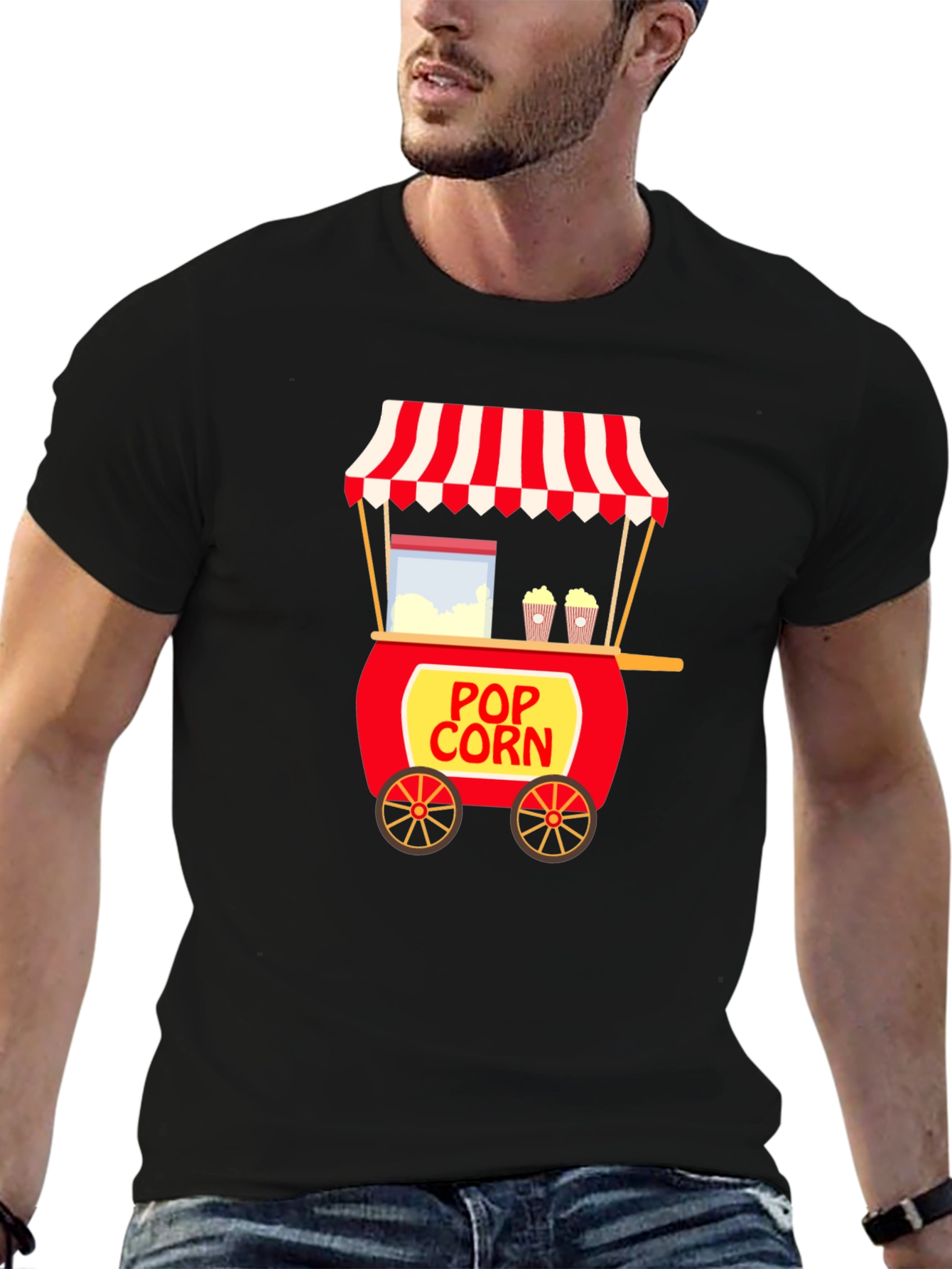 Black Popcorn Cart T-Shirt - Unique Foodie Tee view 6
