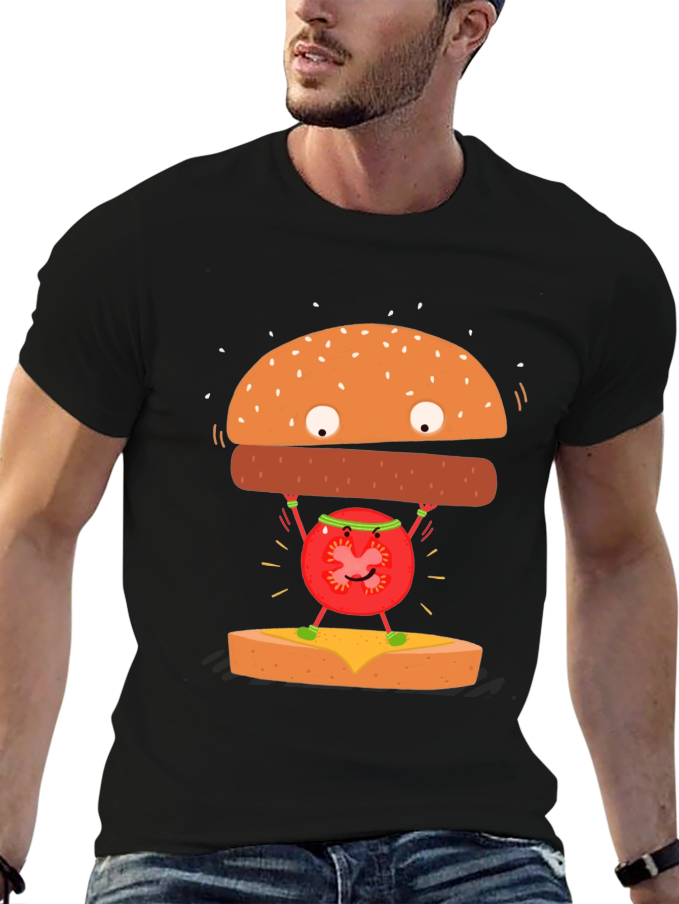 Black Funny Hamburger Tomato T-Shirt view 6