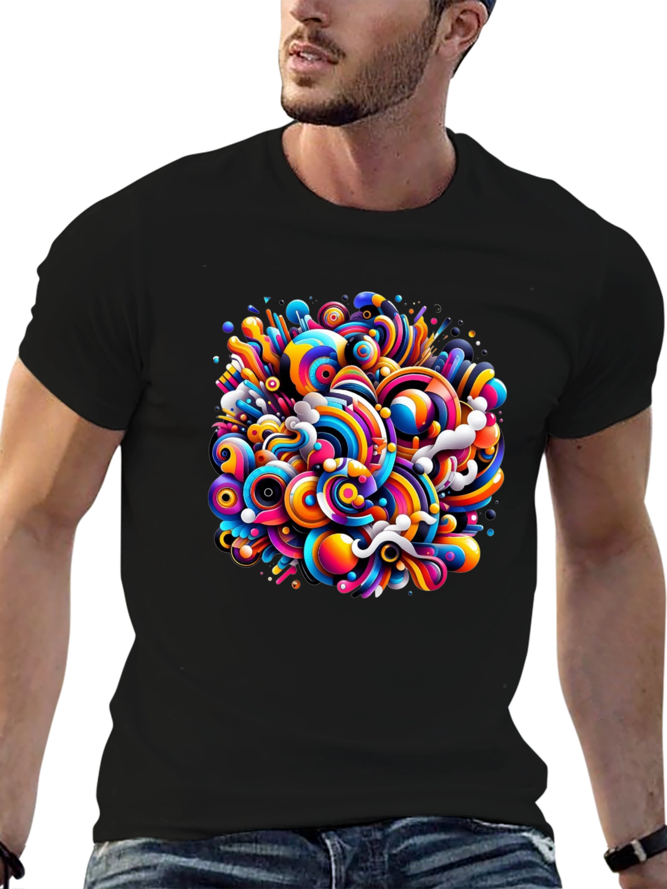 Black Colorful Swirl Graphic Black T-Shirt view 6