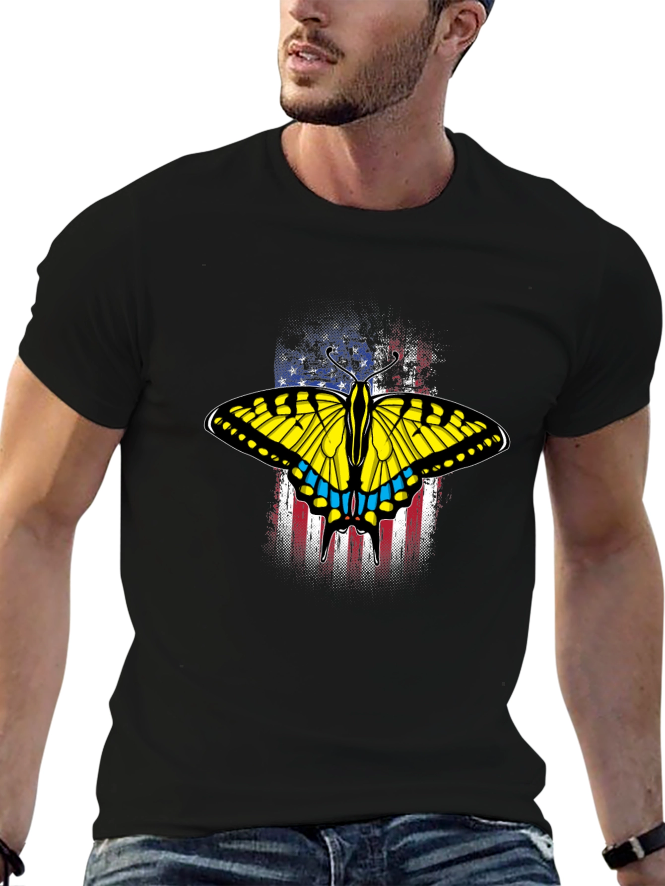 Black American Flag Butterfly Graphic T-Shirt view 6