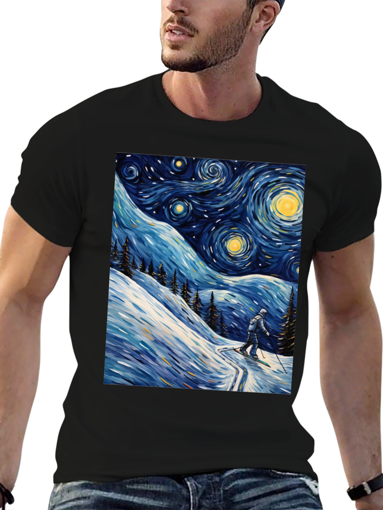 Black Starry Night Skiing Graphic Tee view 6
