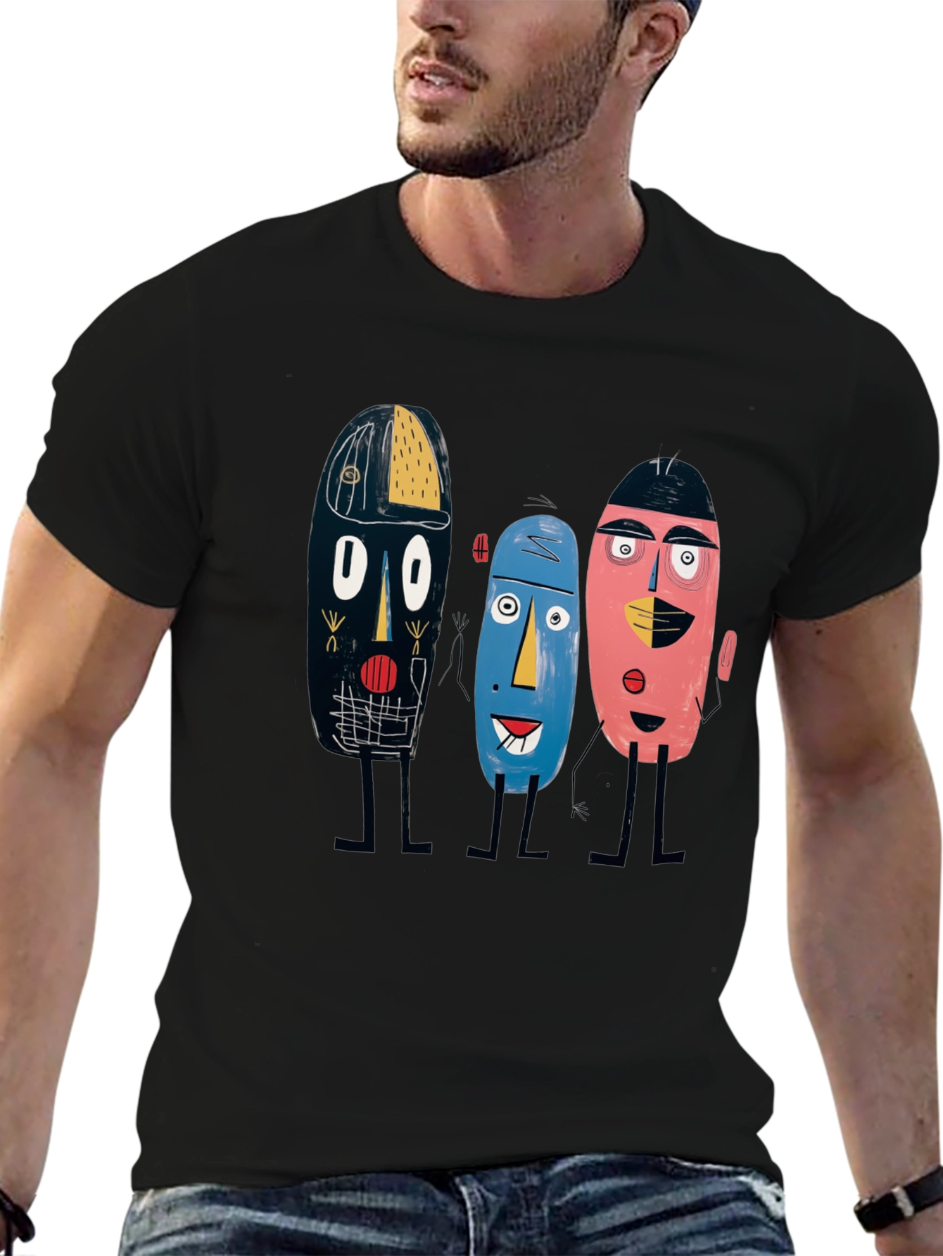 Black Abstract Faces Black Tee - Unique Graphic Print view 6