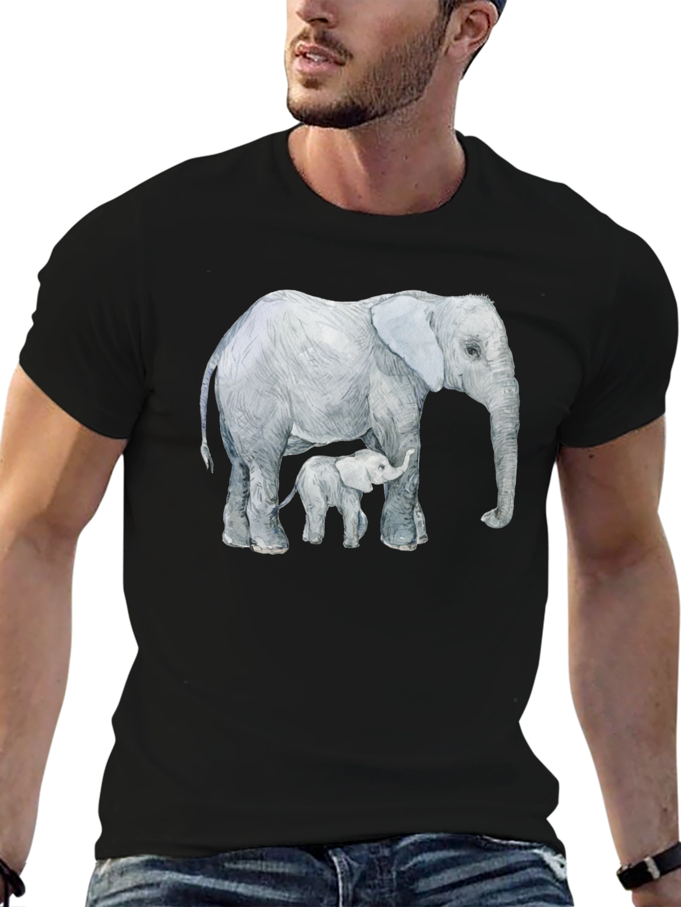 Black Elephant and Calf Graphic Tee - Black Cotton Comfort view 6