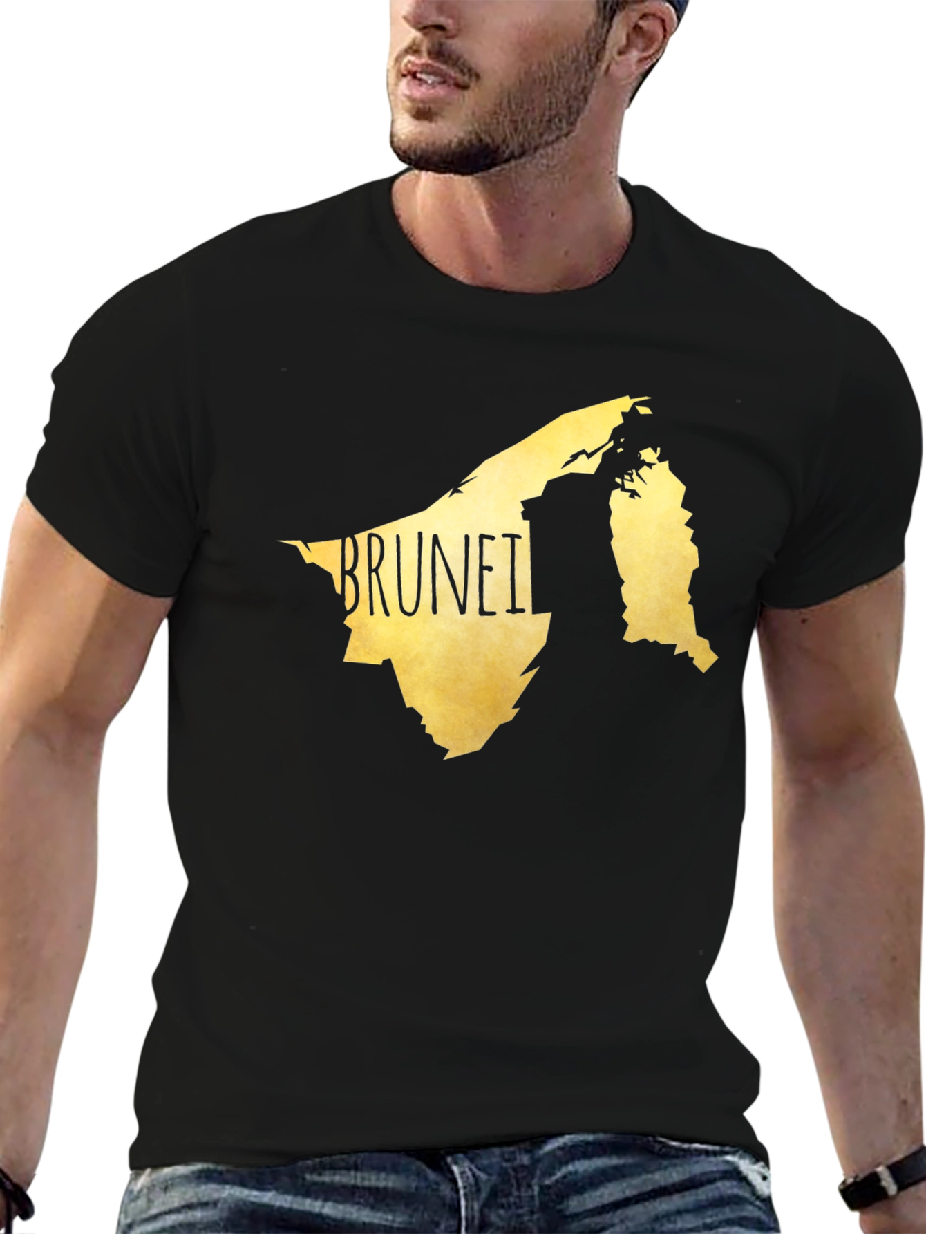Black Brunei Map Graphic Tee - Black Cotton Casual T-Shirt view 6