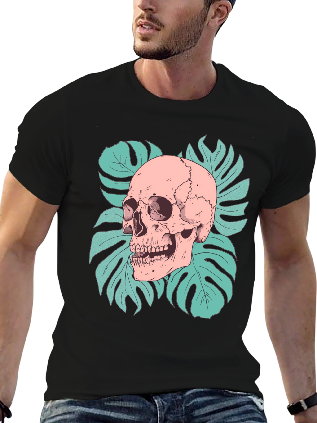 Black Skull & Monstera Leaf Graphic Tee - Black view 6