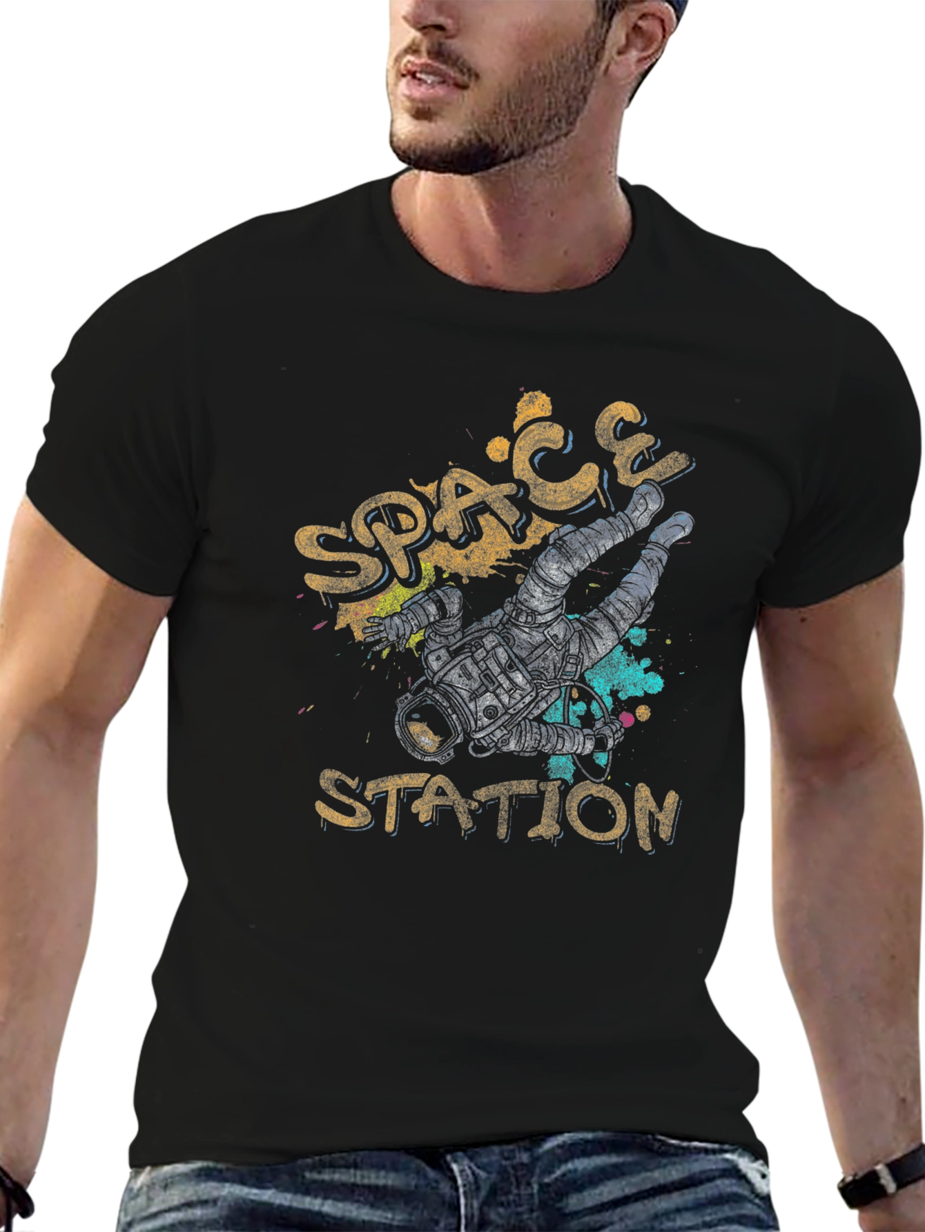 Black Space Station Astronaut T-Shirt view 6