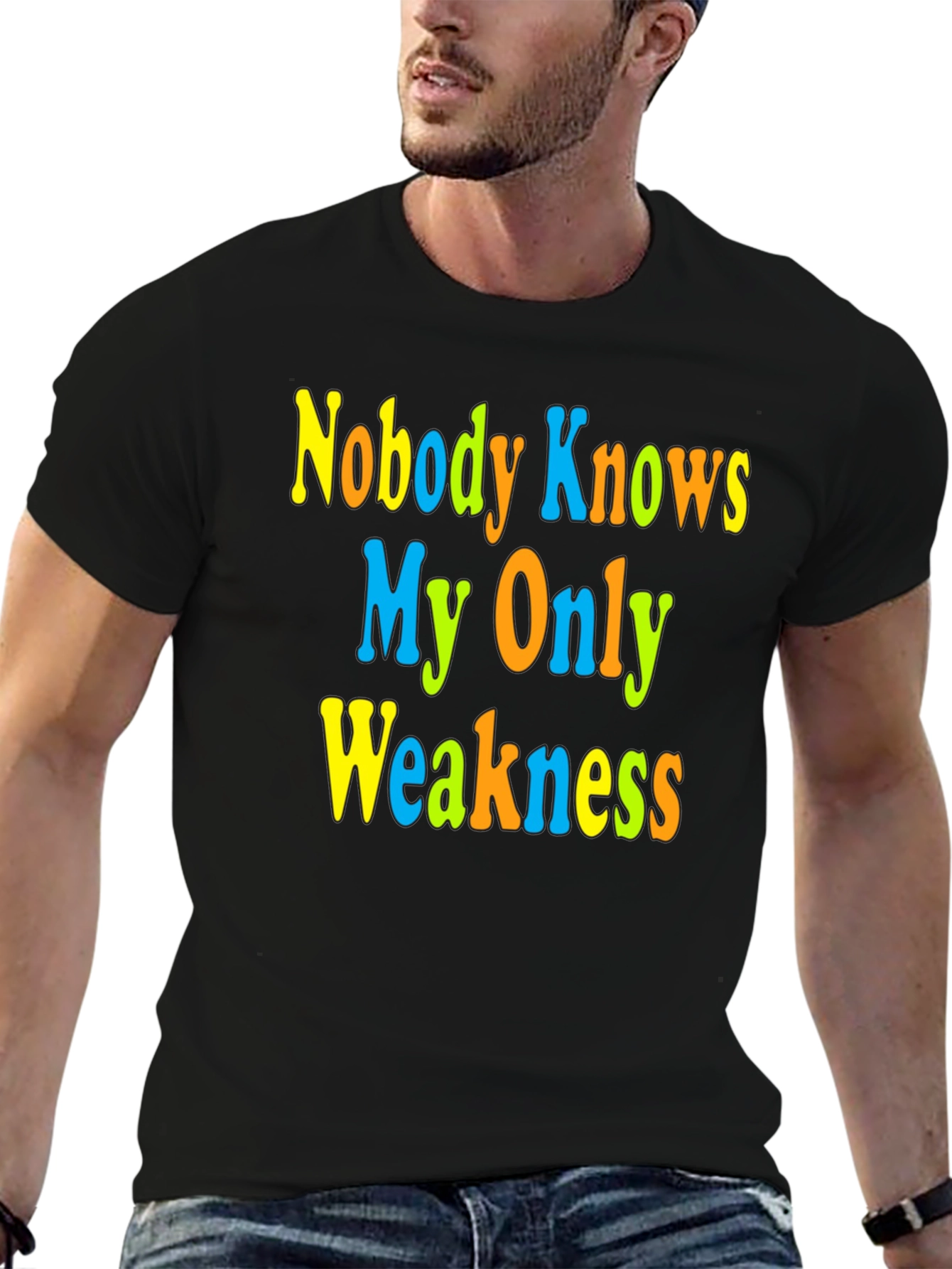 Black Funny Novelty Graphic Tee - Nobody Knows My Only Weakness view 6