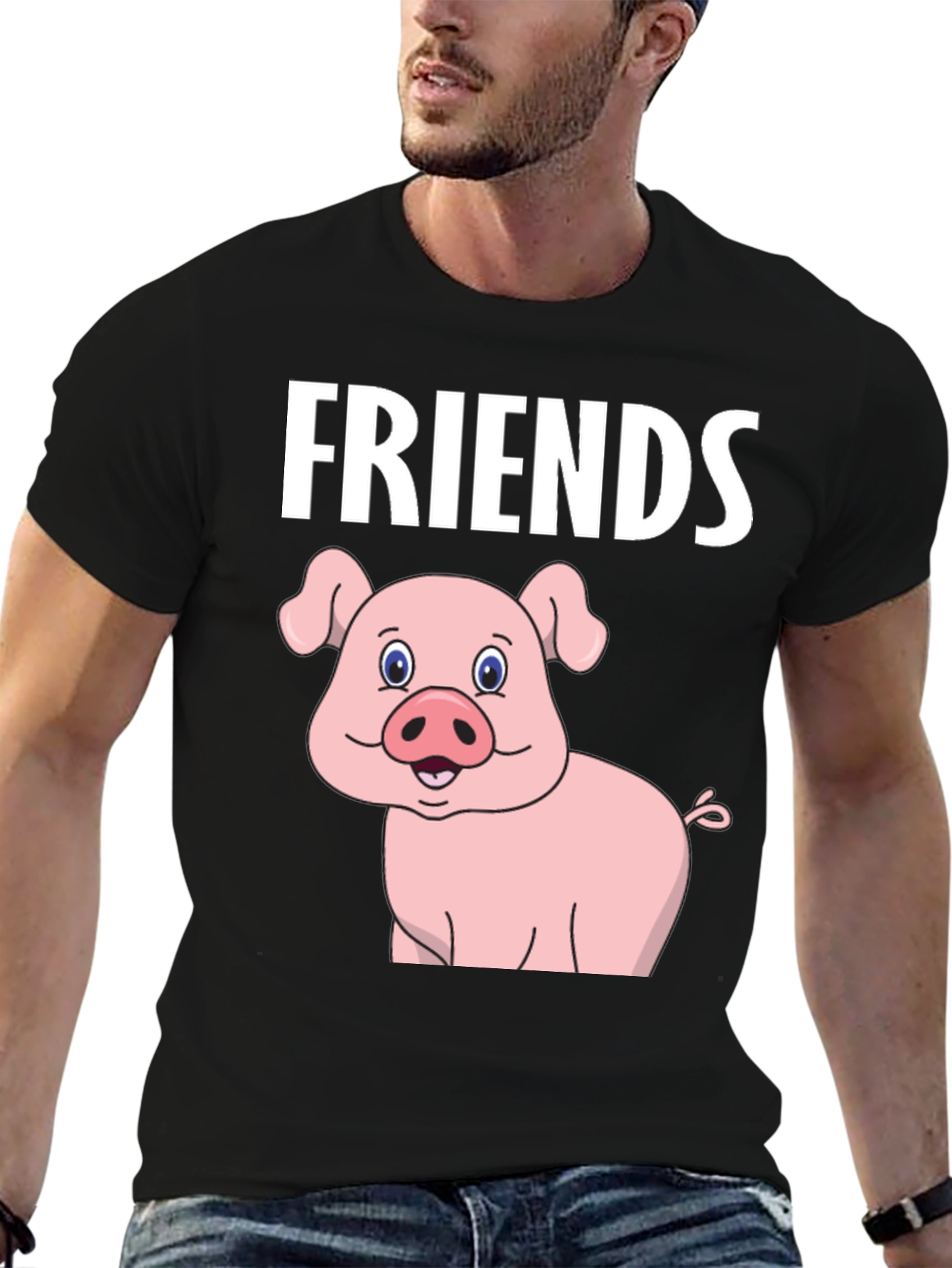 Black Friends Pig Cartoon Black Tee view 6