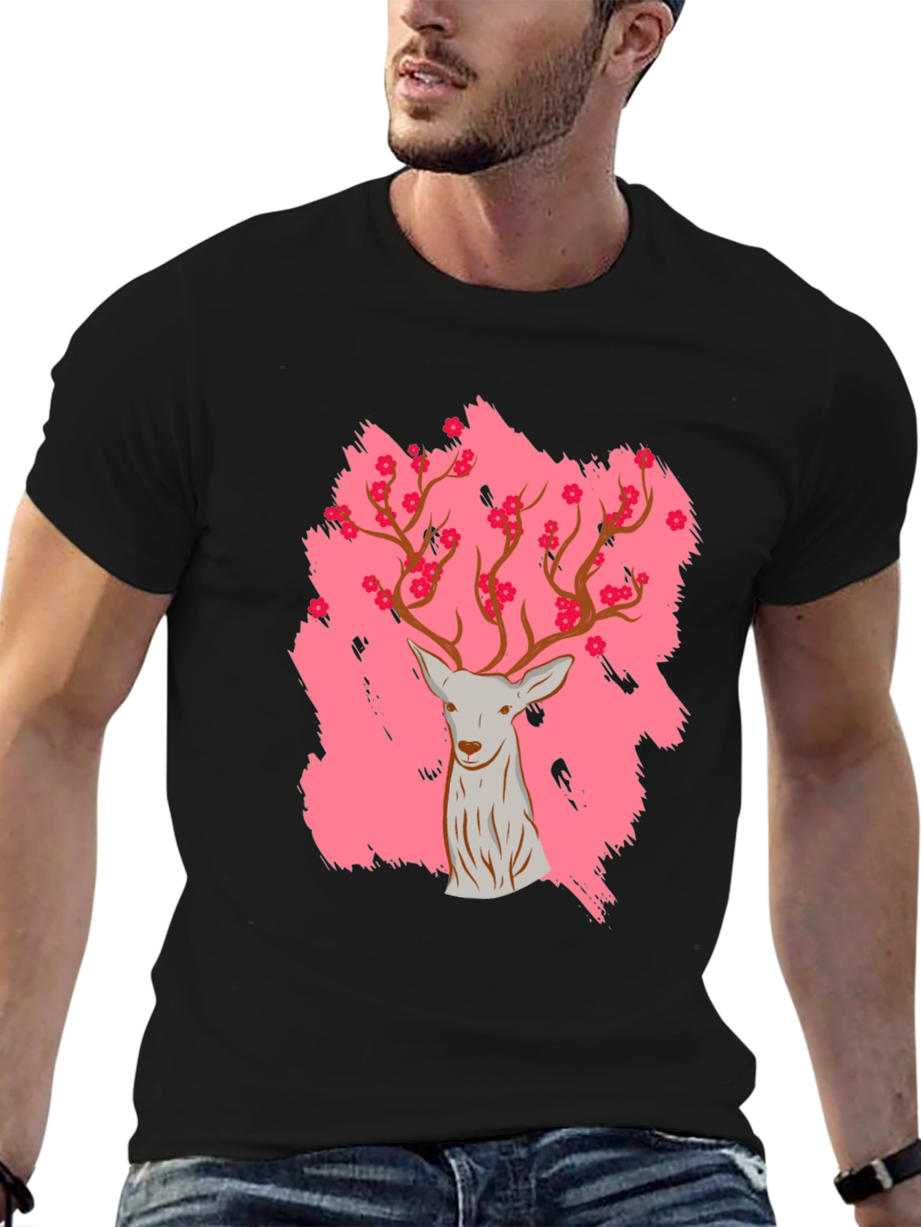 Black Deer with Floral Antlers Graphic Black T-Shirt view 6