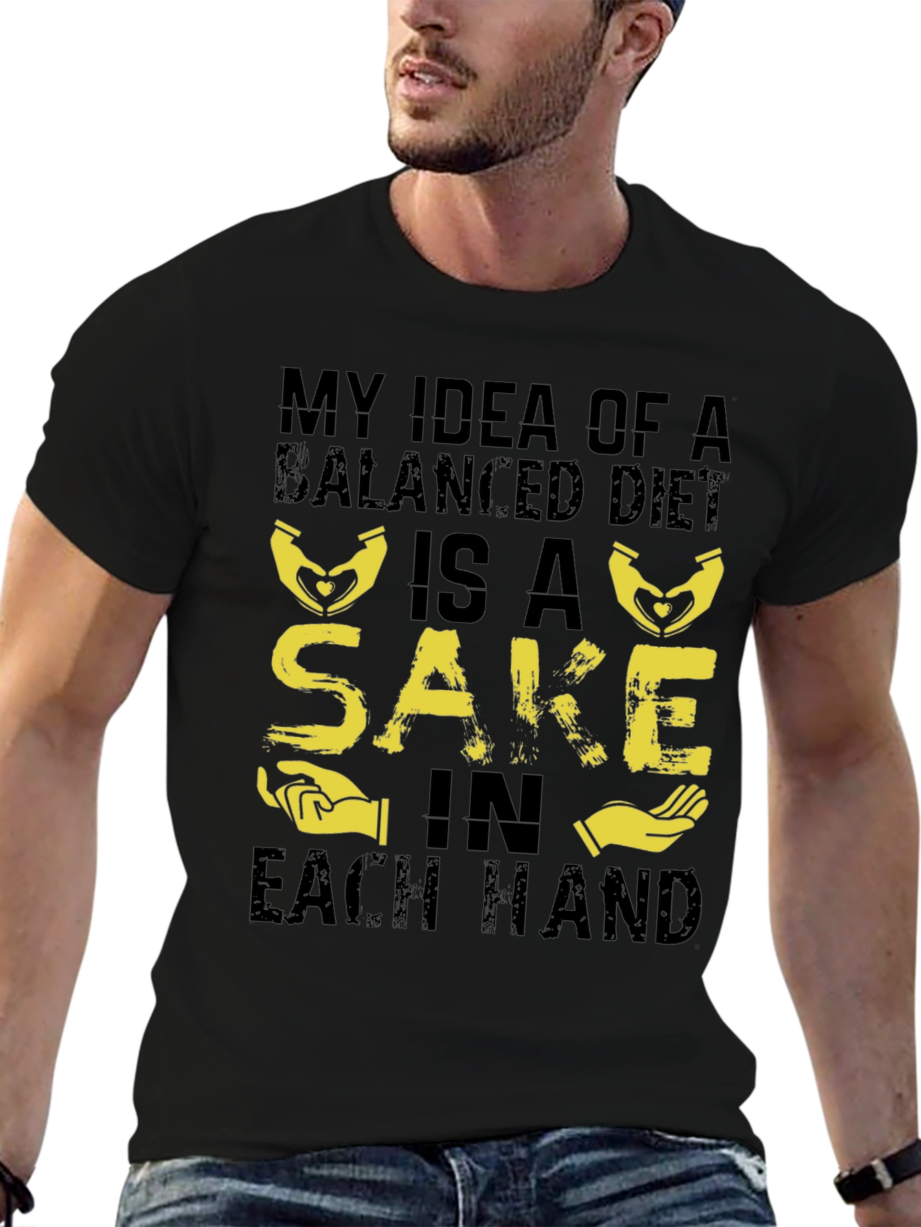Black Balanced Diet Sake Hand T-Shirt - Funny Graphic Tee view 6