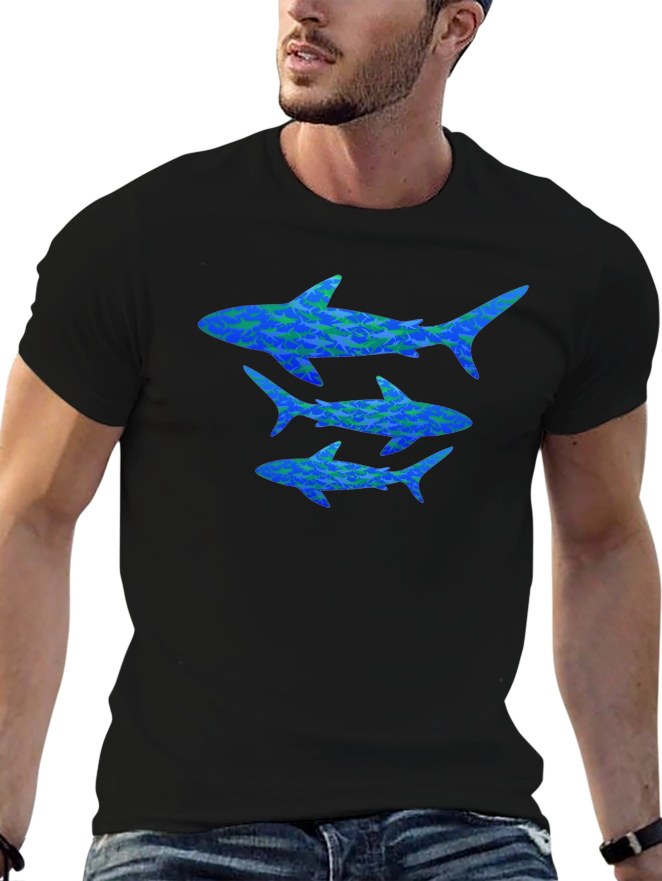Black Shark Pattern Graphic Tee - Men's Black Casual T-Shirt view 6