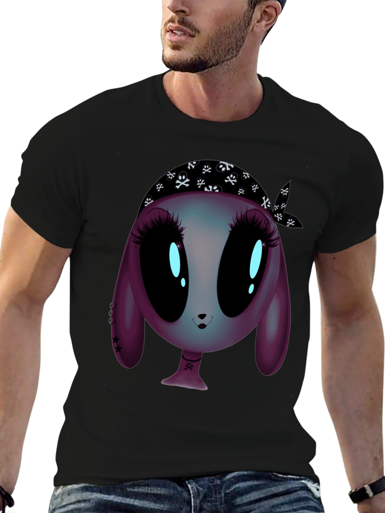 Black Alien Cartoon Graphic Tee - Unisex Black T-Shirt view 6