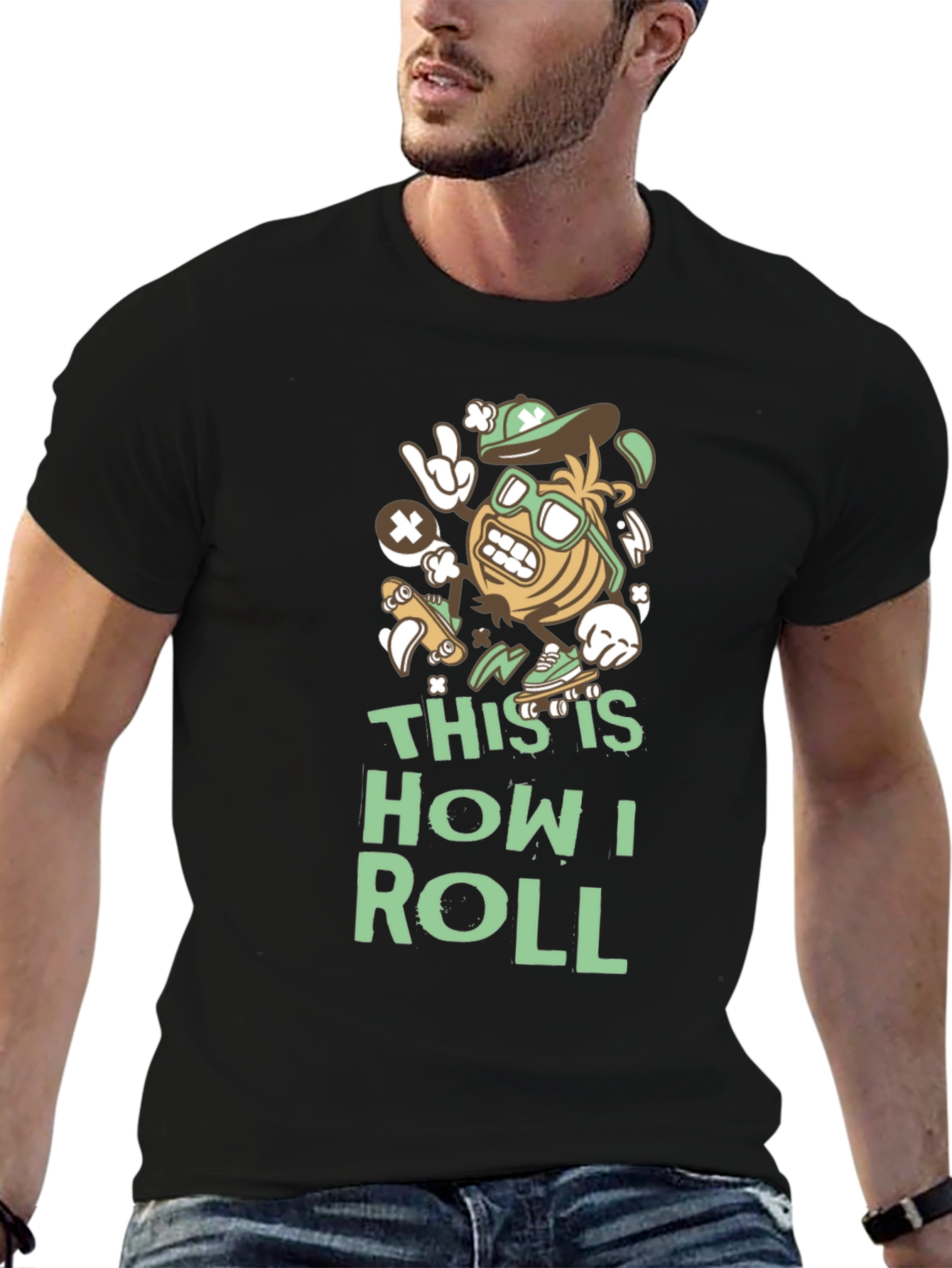 Black This Is How I Roll T-Shirt - Funny Skater Cartoon view 6