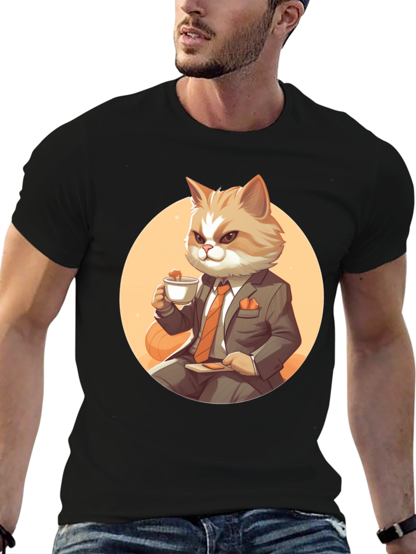 Black Cat Boss T-Shirt: Cartoon Cat in Suit Sipping Tea view 6