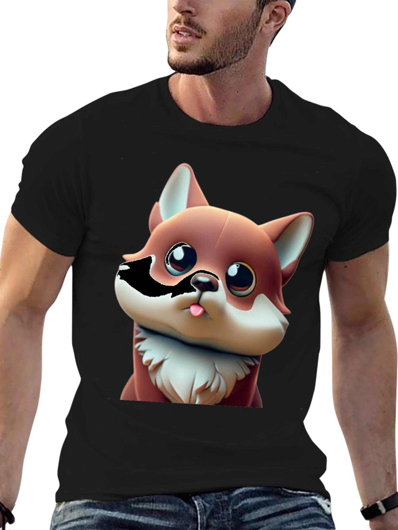 Black Cartoon Fox Black T-Shirt - Cute Animal Tee view 6