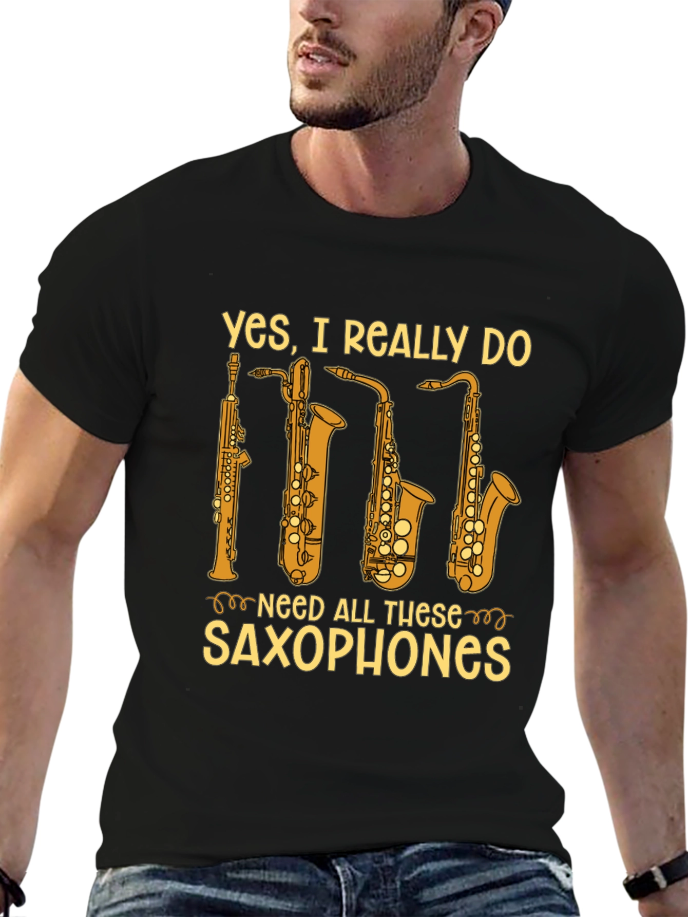 Black Saxophone Lover T-Shirt - Yes, I Need All These Saxophones! view 6