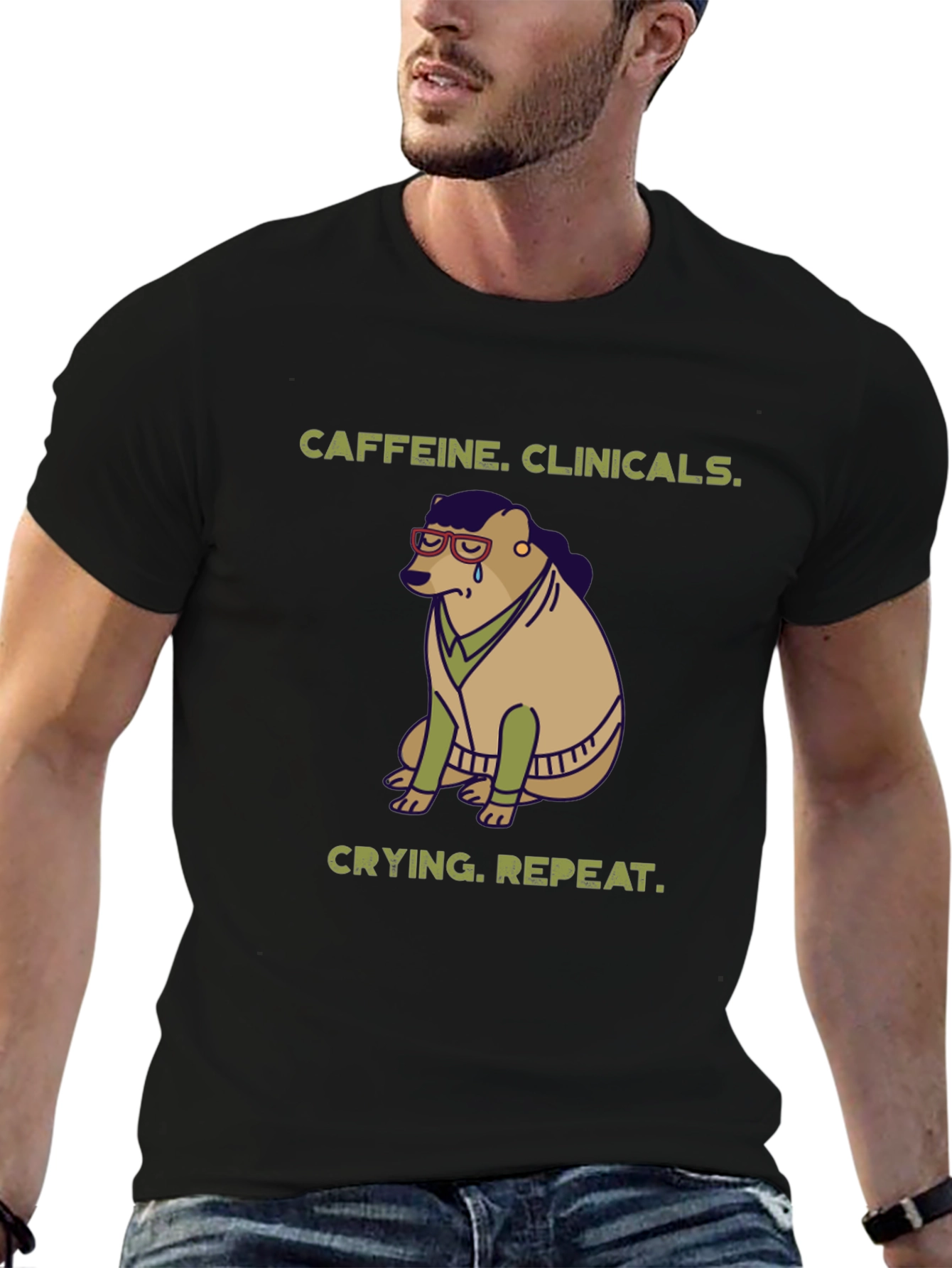 Black Caffeine Clinicals Crying Repeat Black Graphic T-Shirt view 6