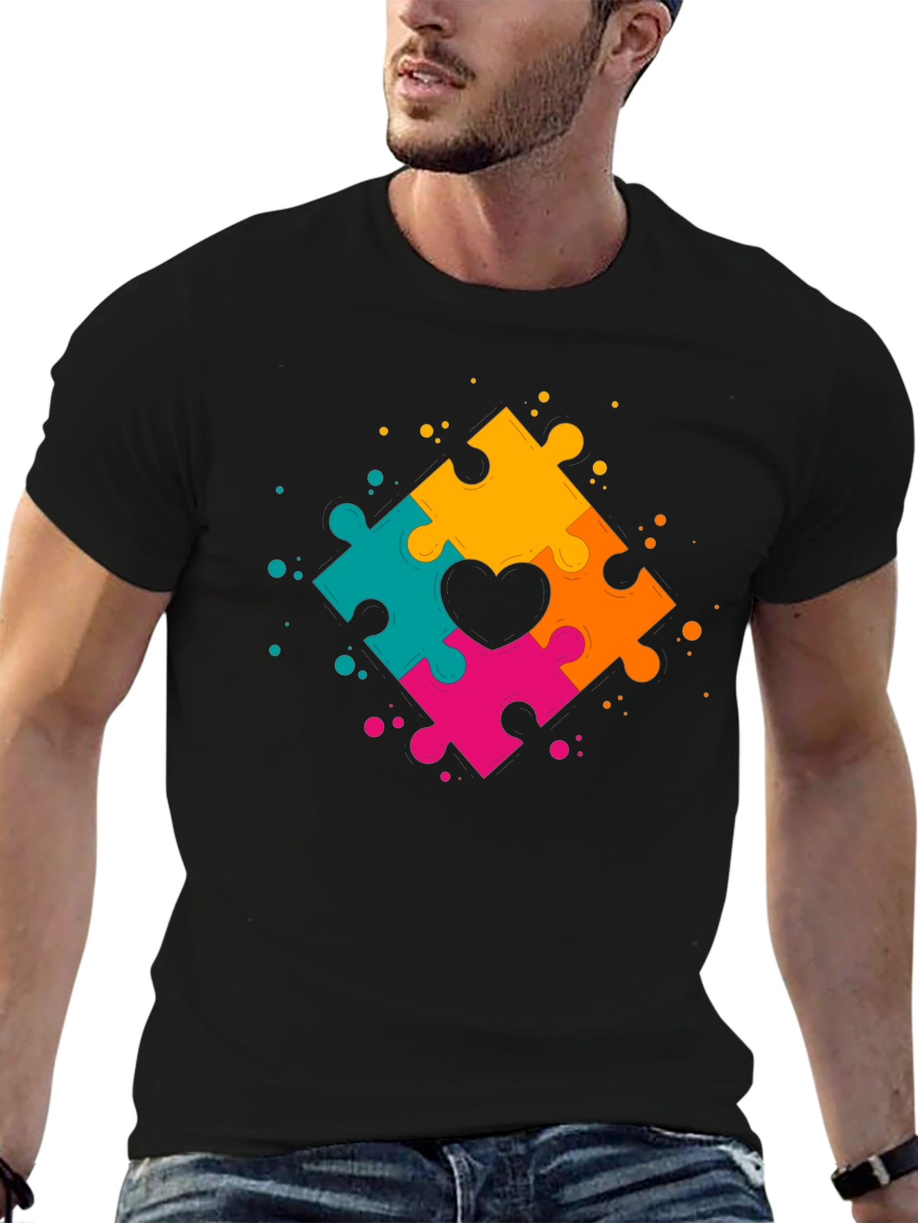 Black Autism Awareness Puzzle Heart T-Shirt view 6