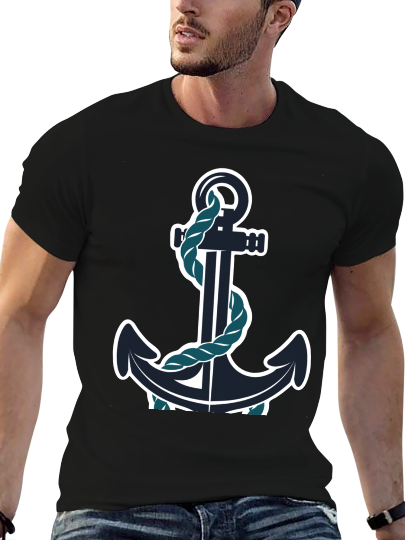 Black Nautical Anchor Graphic Tee - Black Cotton Blend view 6