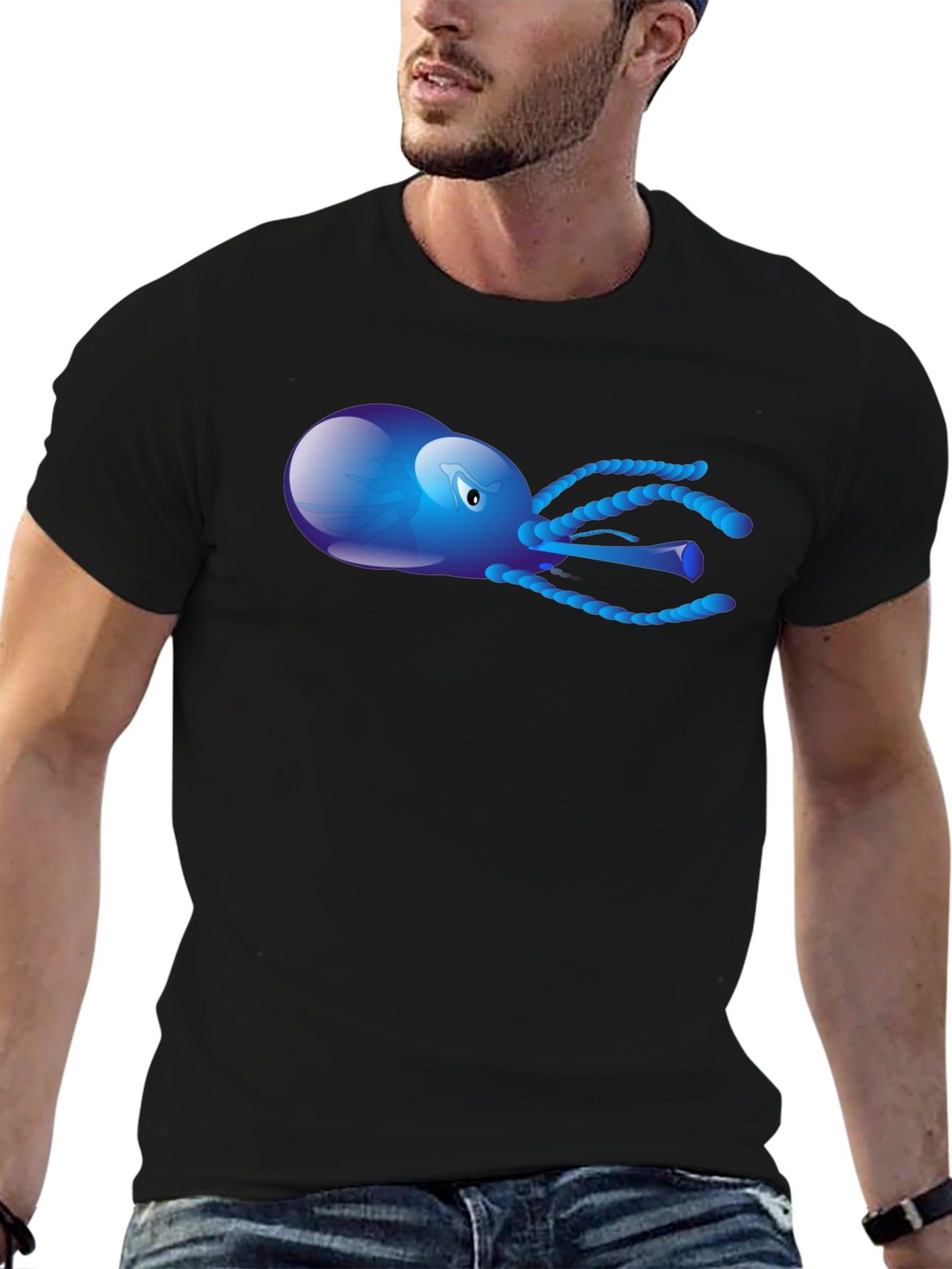 Black Blue Octopus Graphic Tee - Men's Black T-Shirt view 6