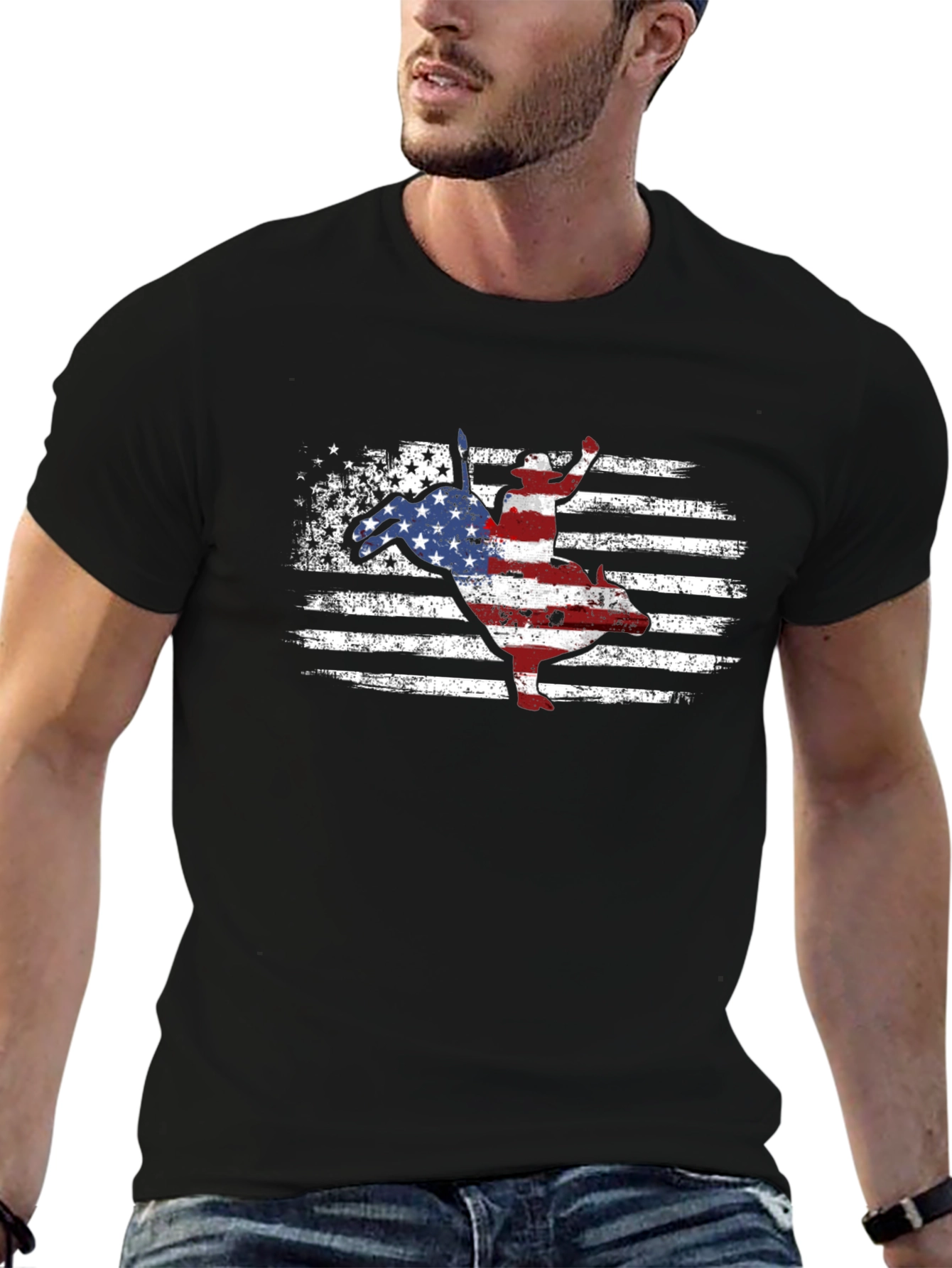 Black American Flag Bull Riding T-Shirt view 6