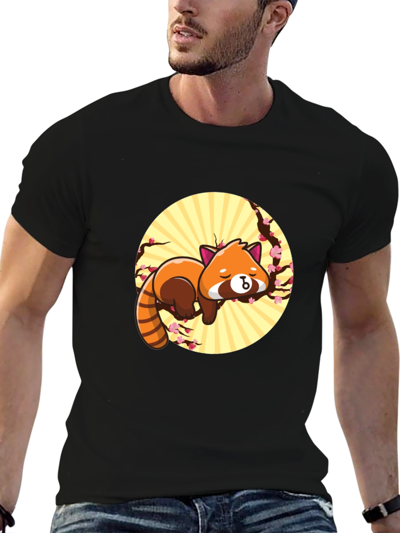 Black Cute Red Panda Sleeping on Branch - Black T-shirt view 6