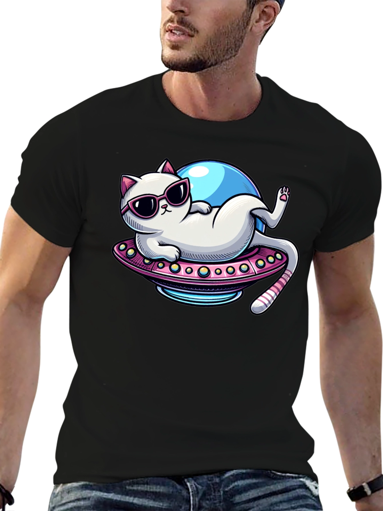 Black Cat in UFO T-Shirt - Lazy Astronaut Kitten Tee view 6
