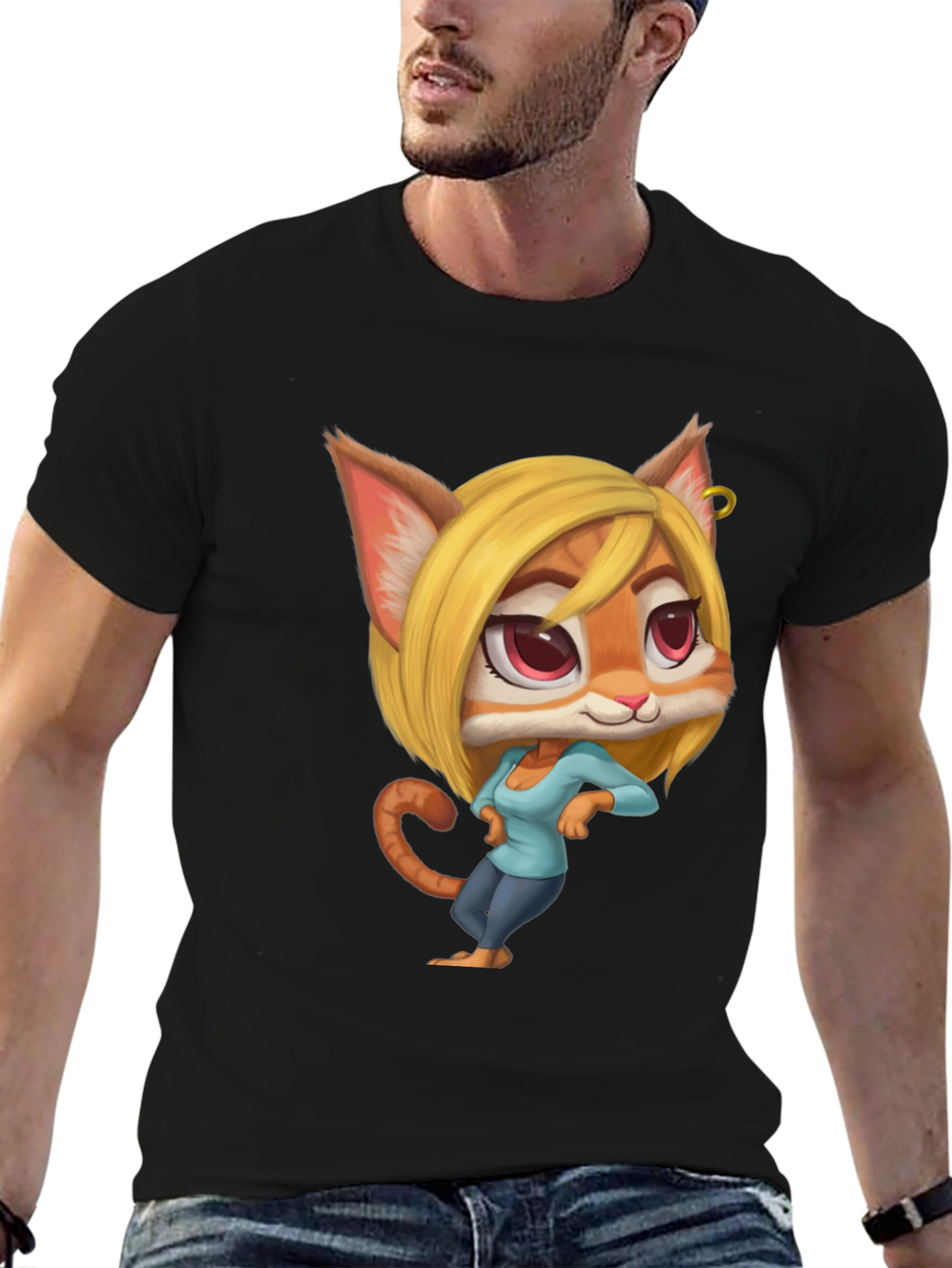 Black Cartoon Cat Girl T-Shirt - Unique Design view 6