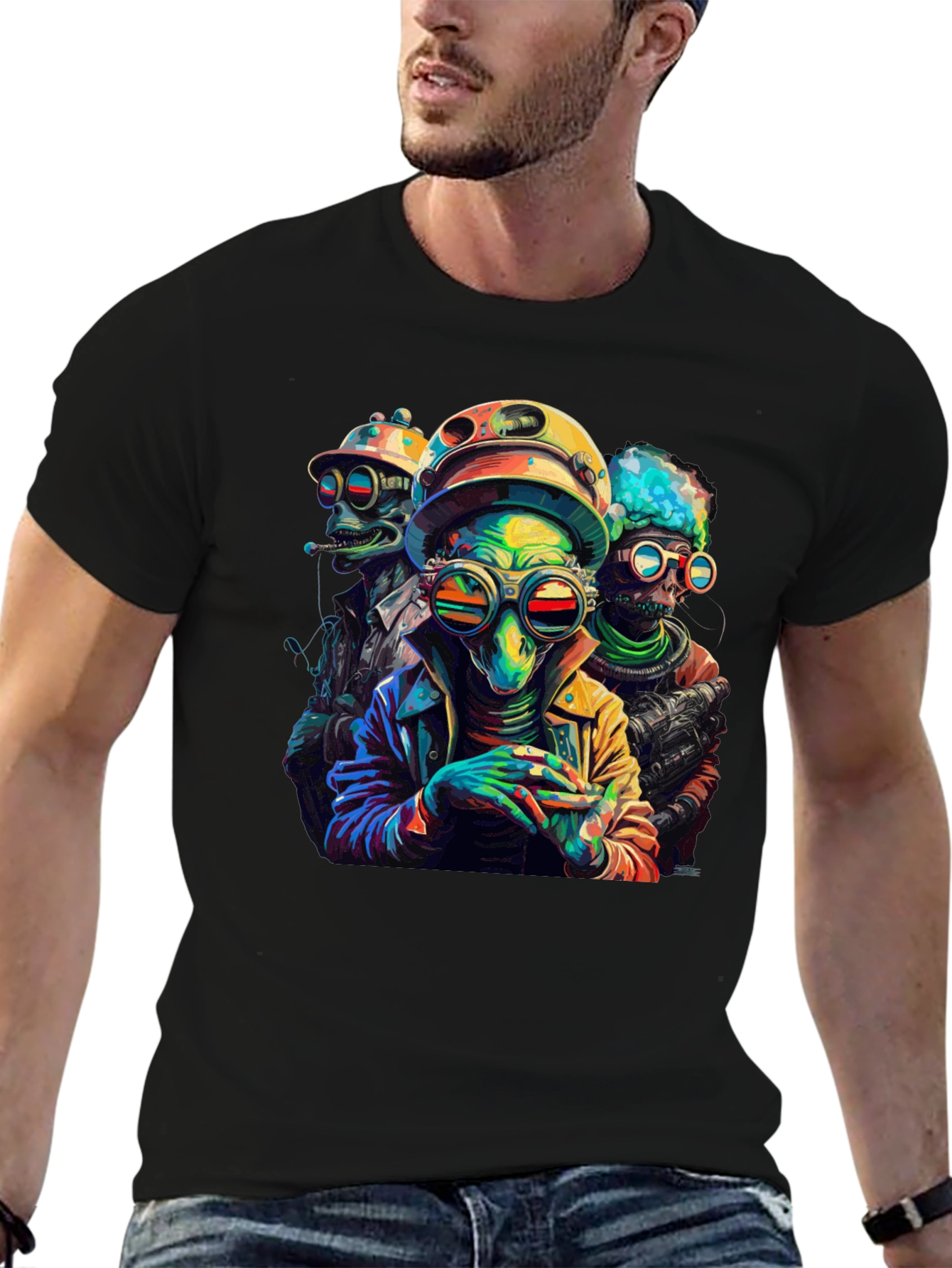 Colorful Alien Crew Graphic Black T-Shirt - 6