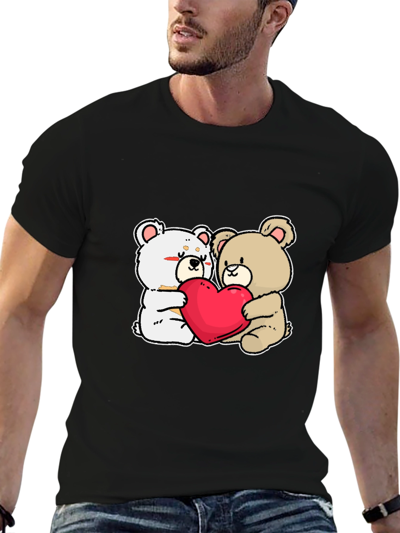 Black Cute Bears Hugging Heart T-Shirt view 6
