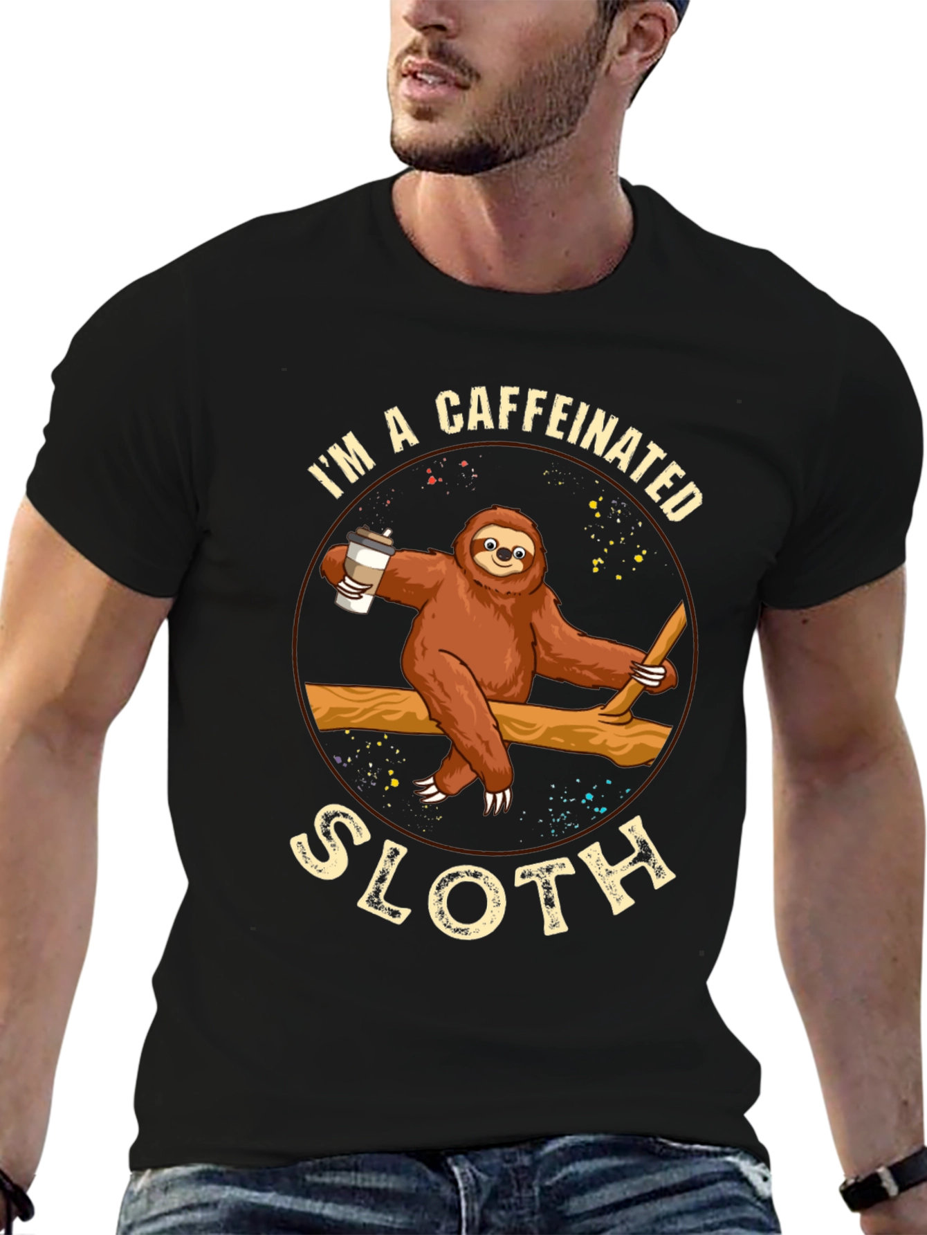 Black Caffeinated Sloth Graphic T-Shirt - Unisex view 6