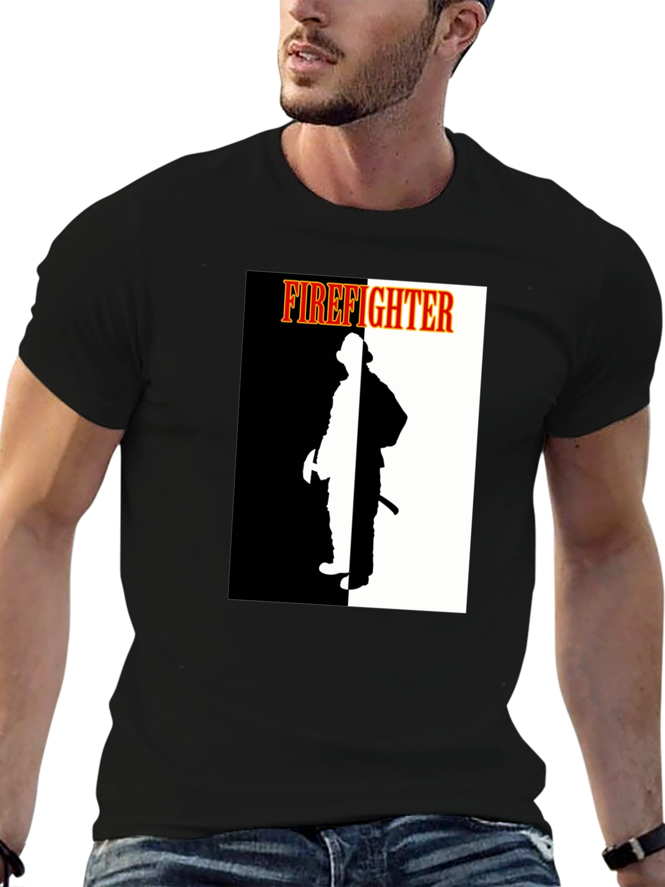 Black Firefighter Graphic Tee - Black Crew Neck Shirt view 6