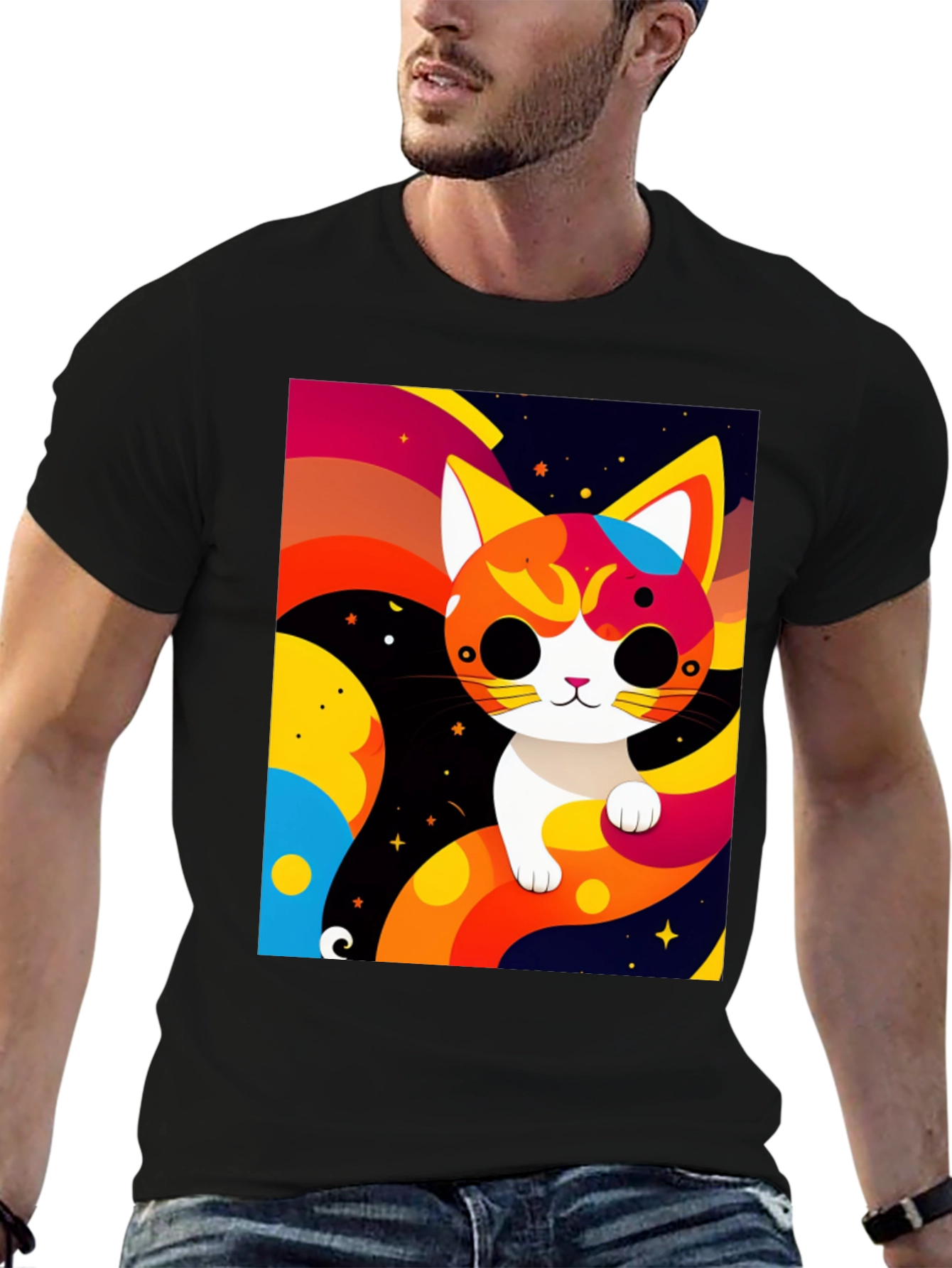Black Cartoon Cat Graphic Tee - Modern Artistic Design view 6