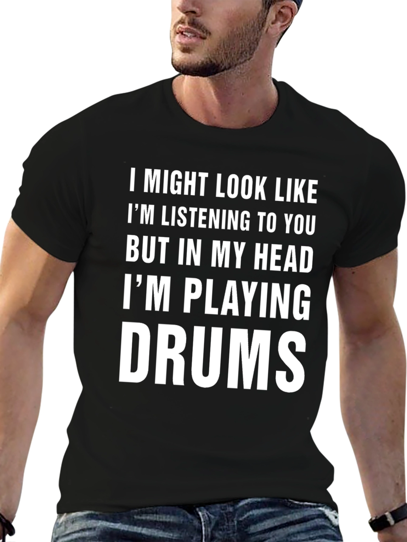 Black Funny Drummer T-Shirt - "I'm Playing Drums" view 6