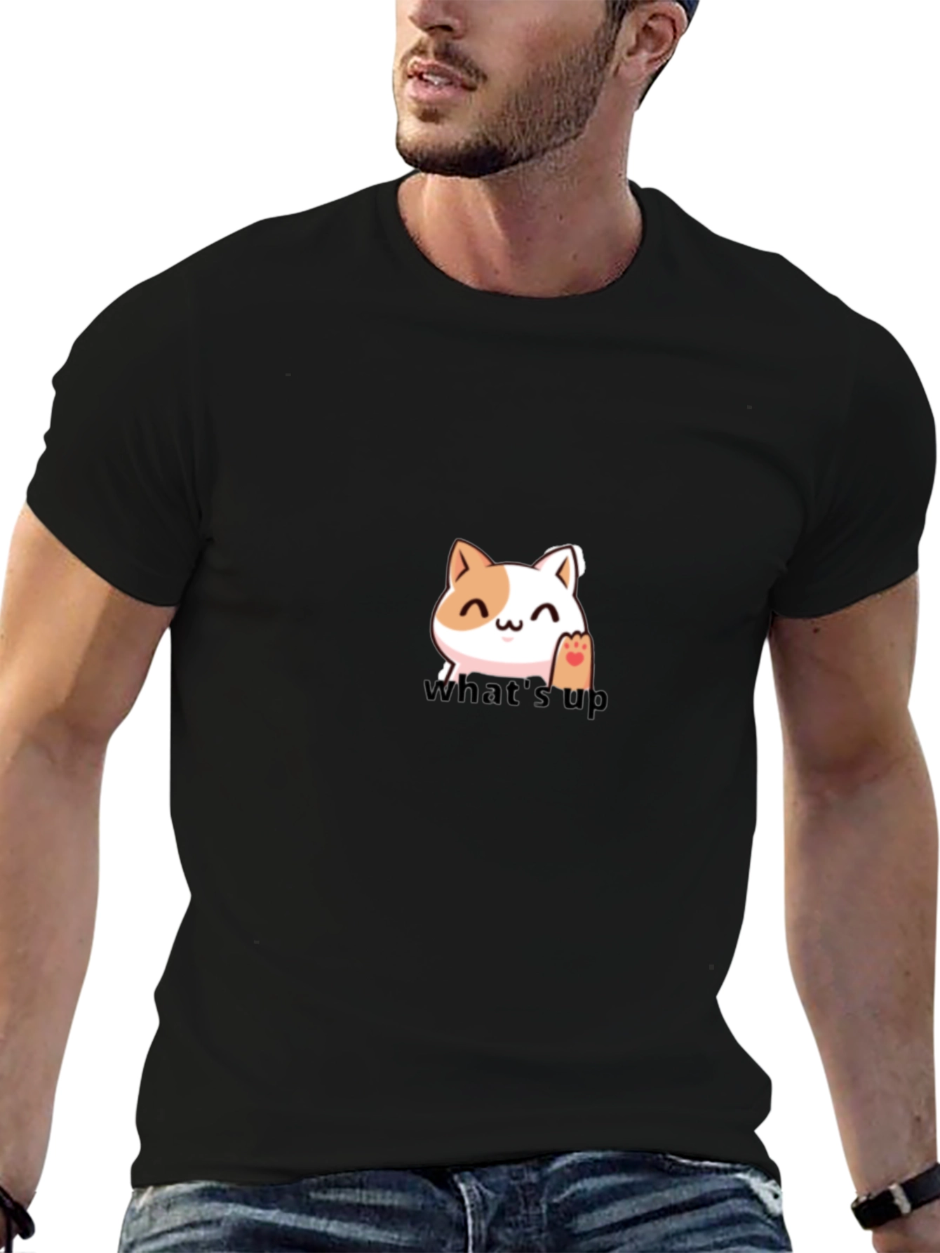Black Cute Cat "What's Up" Graphic T-Shirt view 6