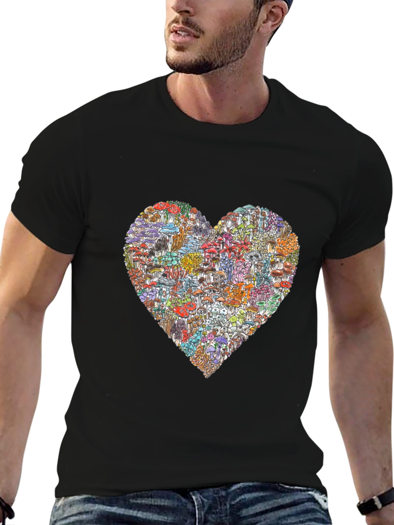 Black Mushroom Heart Graphic T-Shirt - Unique Design view 6
