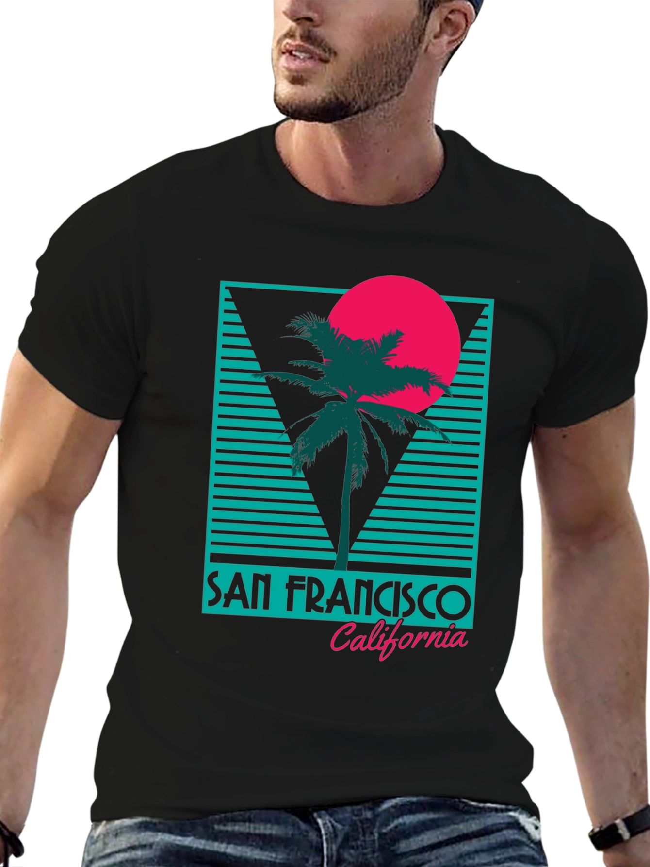 Black Retro San Francisco T-Shirt Palm Tree Sunset Design view 6