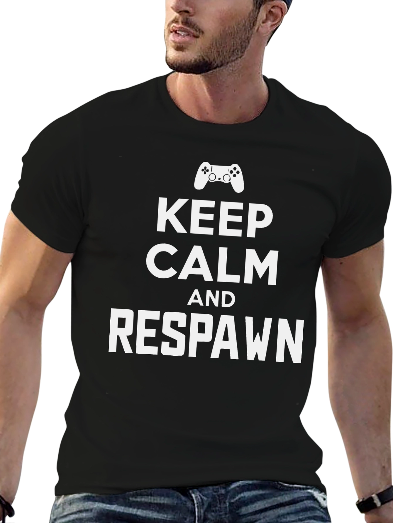 Black Keep Calm and Respawn Black Gaming T-Shirt view 6