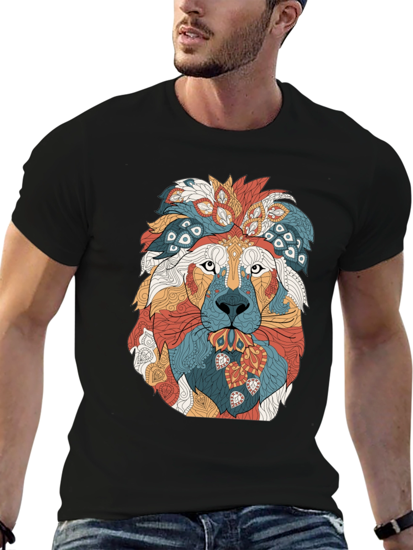 Black Lion Graphic Print Crew Neck T-Shirt - Artistic Design view 6