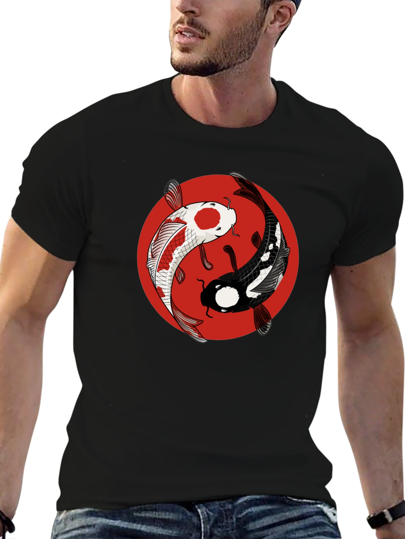 Black Yin Yang Koi Fish Graphic Tee - Black Cotton T-Shirt view 6